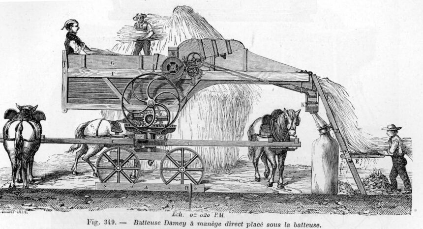 Drawing of a horse-powered thresher from a French dictionary