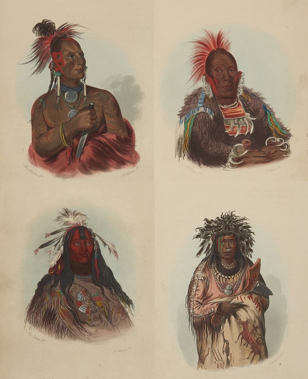 Four colorized engravings of Indians of various tribes