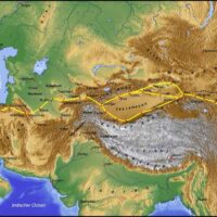 Main routes of the Silk Road on a relief map