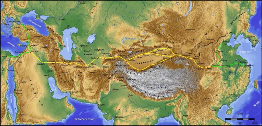 Main routes of the Silk Road on a relief map