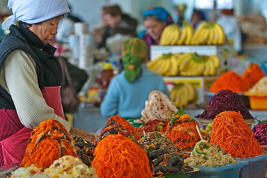 Morkovcha and other salads at Tolkuchka Bazaar