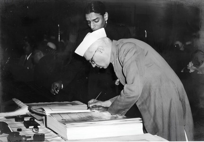 Nehru signing the Indian Constitution c.1950