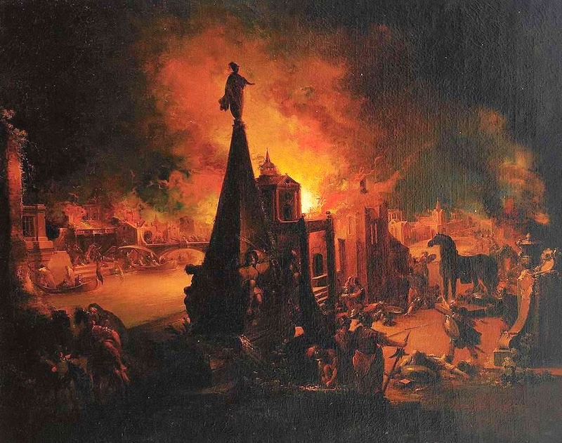 9 Common Misconceptions About Ancient Greece 4 The Burning of Troy (1759–1762), oil painting by Johann Georg Trautmann