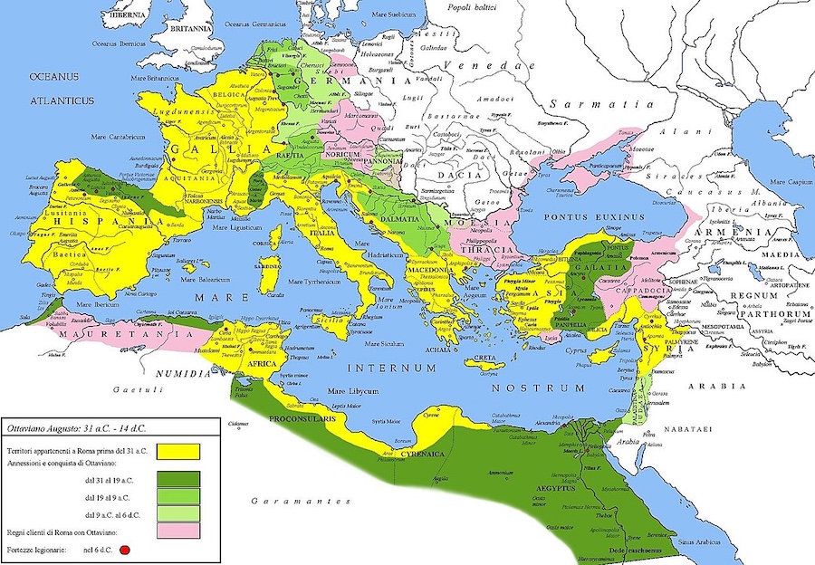 Extent of the Roman Empire under Augustus.