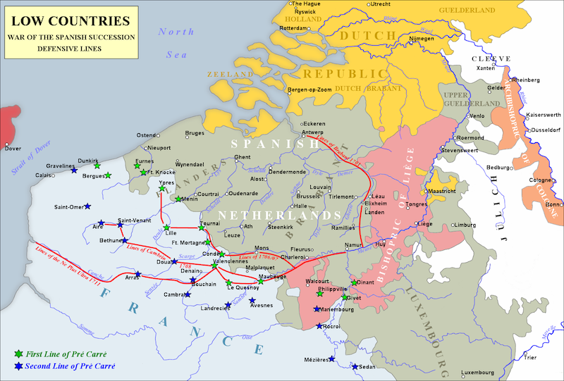 Vauban's Pré carré or 'duelling zone' on France's northern border, defended by a line of fortresses known as the Ceinture de fer (marked in red and green)