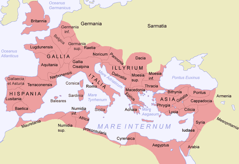 Map of the Roman Empire at its greatest extent in 116 AD.