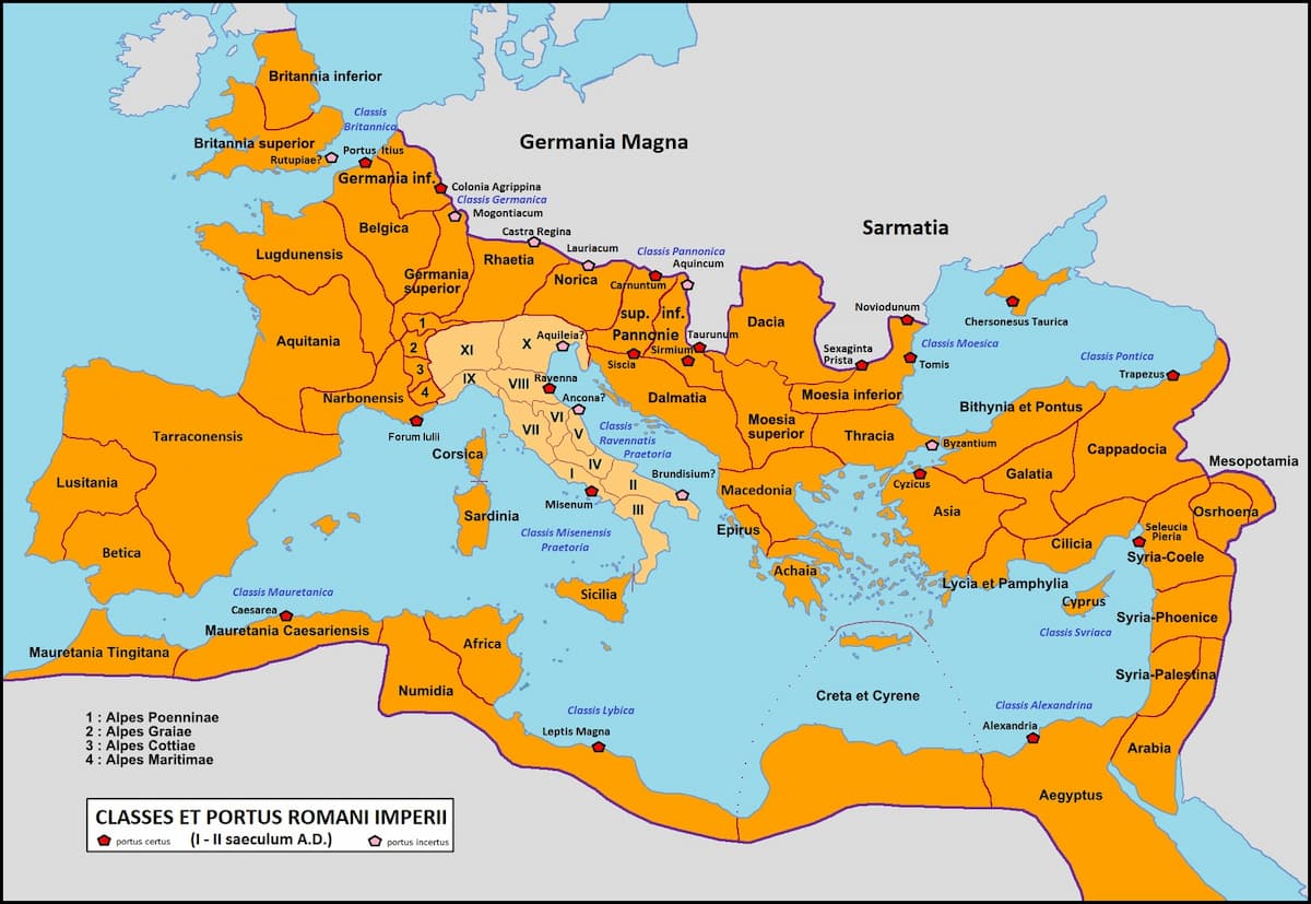 Map of the Roman fleets and major naval bases during the Principate