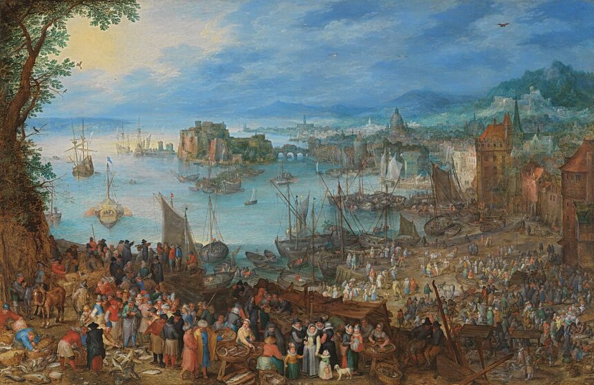 The great fish market. Painting by Jan Brueghel the Elder.