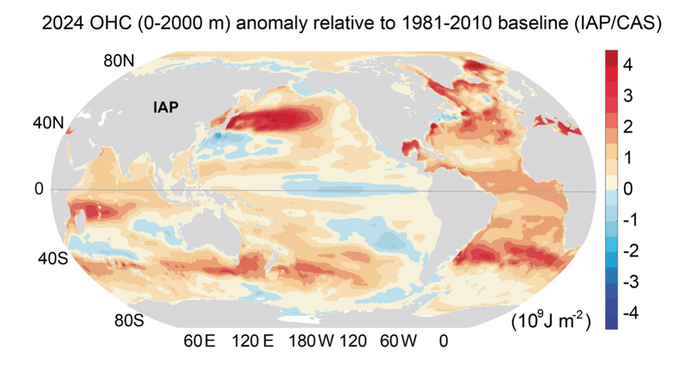 The world map shows the hotspots of ocean warming in 2024. 