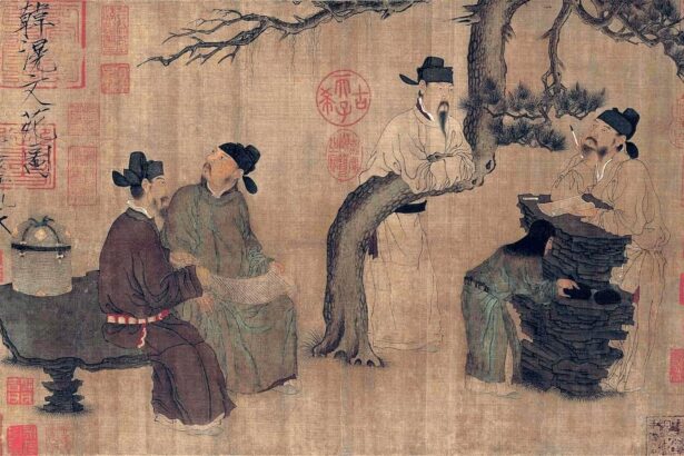 Four men dressed in robes and black square cut hats gather around a tree talking to one another. Three are sitting on rocks while the fourth is leaning over a horizontally bent branch of the tree