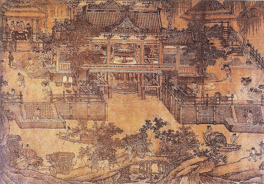 A Northern Song Dynasty water-powered mill for grain, with surrounding river transport.