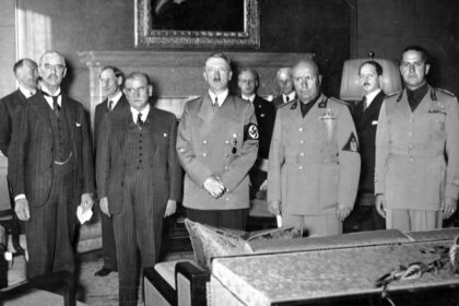 From left to right: Chamberlain, Daladier, Hitler, Mussolini, and Ciano pictured before signing the Munich Agreement, which gave the Sudetenland to Germany