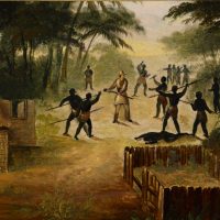 A painting depicting Aboriginal Tasmanians attacking John Allen’s Milton Farm near Great Swanport in 1833.