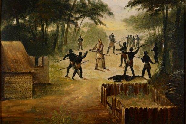 A painting depicting Aboriginal Tasmanians attacking John Allen’s Milton Farm near Great Swanport in 1833.