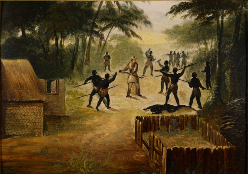 Colonialism in Tasmania 1 A painting depicting Aboriginal Tasmanians attacking John Allen’s Milton Farm near Great Swanport in 1833.